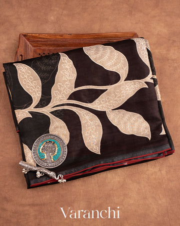 Black Tissue Applique and Embroidered Pure Kora Silk Saree