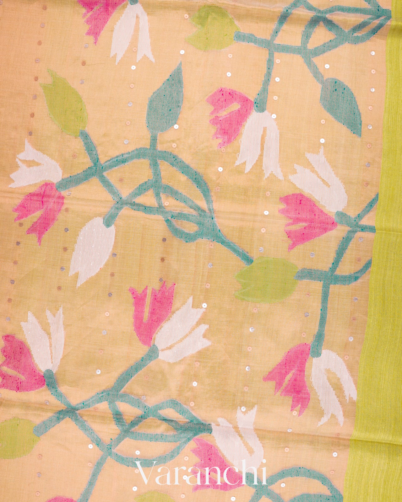 Lemon Green Jamdani Pure Matka Muslin Tissue Silk Handloom Saree