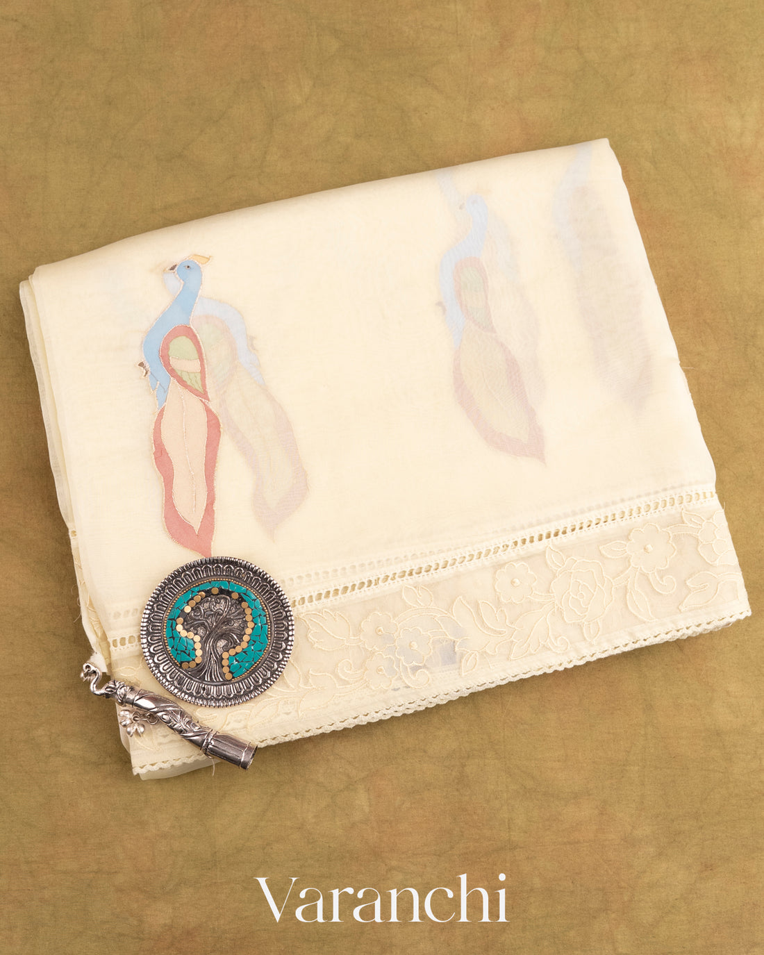 Off-White Bird Applique Pure Kora Silk Saree