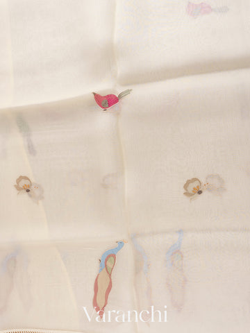 Off-White Bird Applique Pure Kora Silk Saree