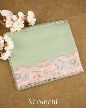 Pastel Mint with Embroidered Border Pure Kora Silk Saree