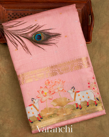 Pastel Pink Pichwai Printed Pure Moonga Silk Saree