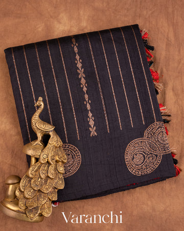 Jet Black Pure Raw Silk Handloom Saree