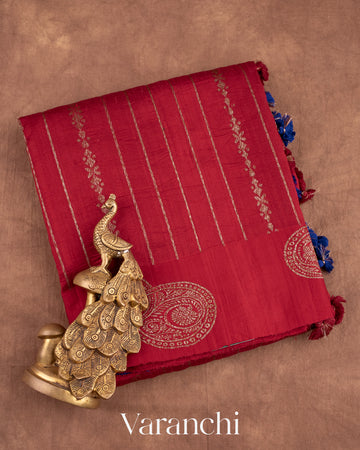 Deep Red Pure Raw Silk Handloom Saree