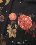 Black Floral Printed Pure Raw Mango Silk Handloom Saree