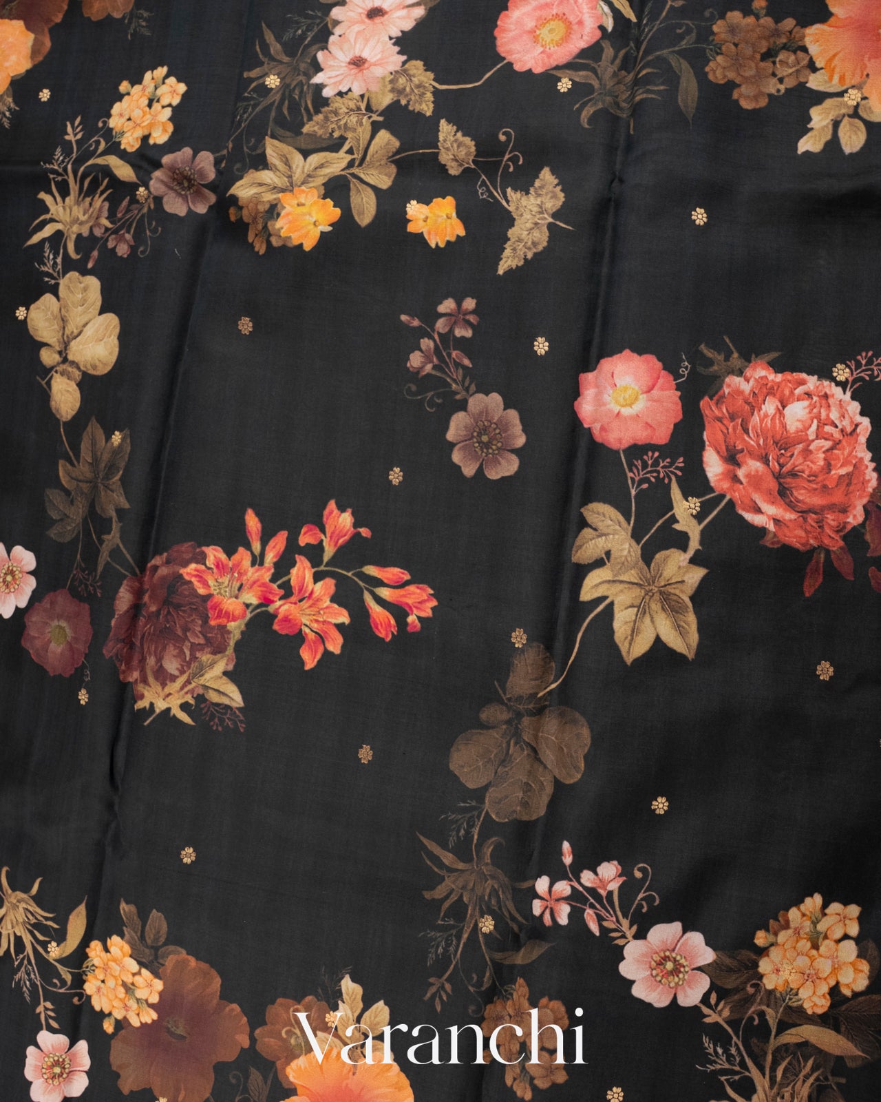 Black Floral Printed Pure Raw Mango Silk Handloom Saree