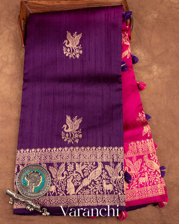 Deep Purple and Rani Pink Ombre-Dyed Raw Silk Handloom Saree