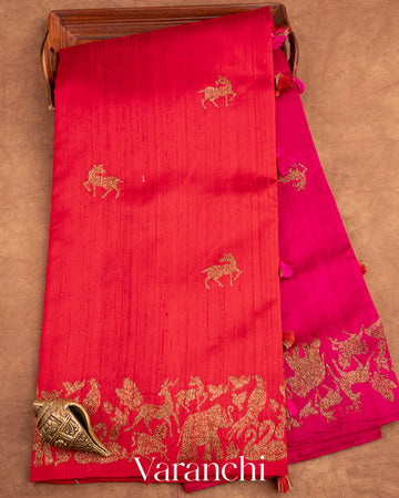 Fiery Red and Rani Pink Ombre-Dyed Raw Silk Handloom Saree
