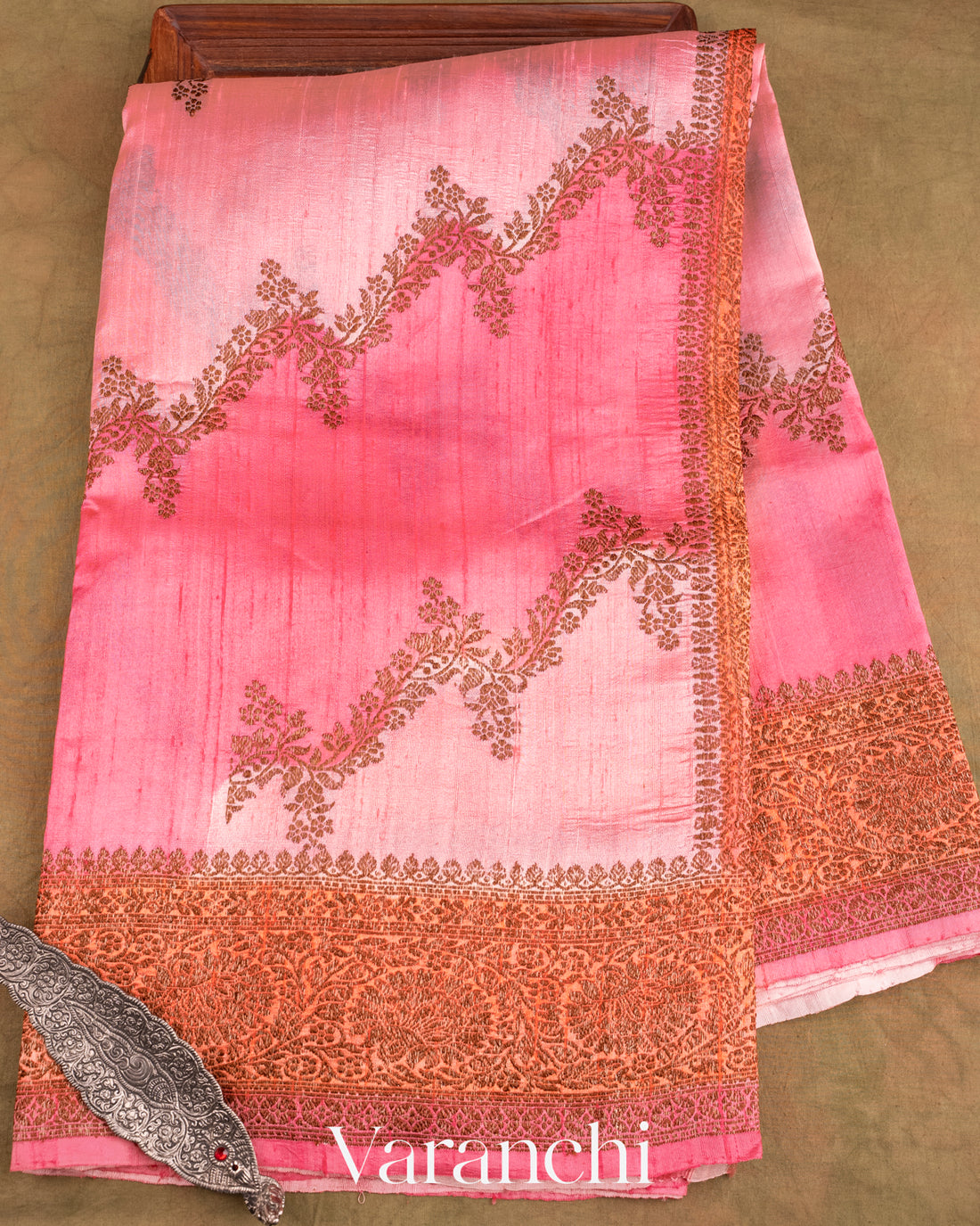 Pink Tricolour Rangkaat Pure Raw Silk Handloom Saree