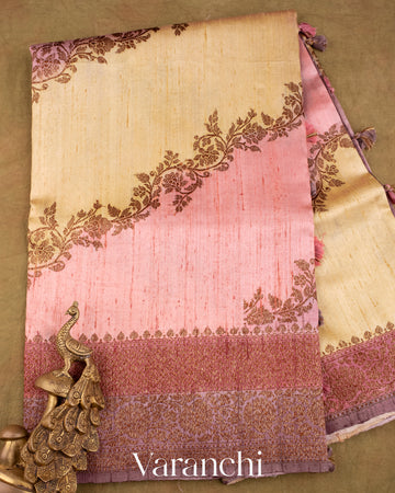 Lilac and Yellow Tricolour Rangkaat Pure Raw Silk Handloom Saree