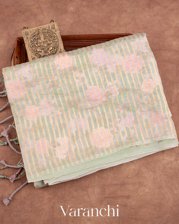 Pastel Mint Tissue Striped and Embroidered Pure Kora Silk Saree