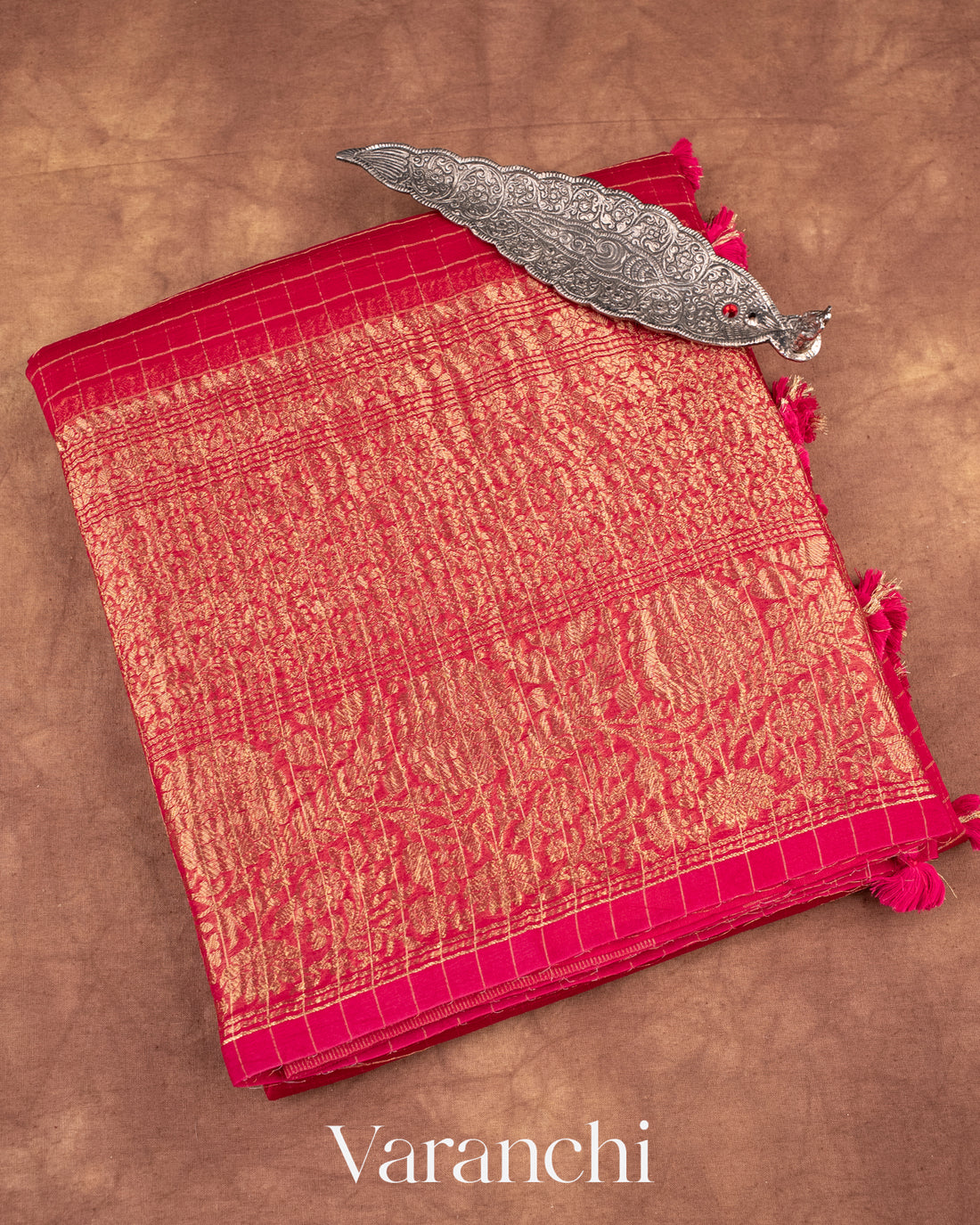 Reddish Pink Pure Crush Kora Silk Saree