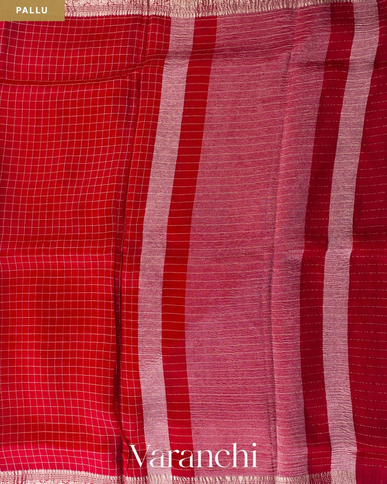 Red Checkered Pure Crush Kora Silk Saree — Pallu