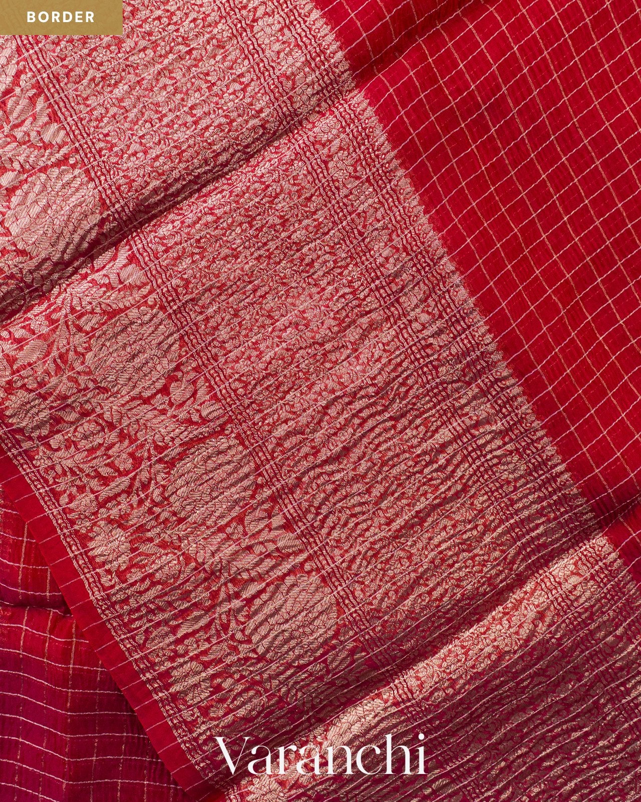 Red Checkered Pure Crush Kora Silk Saree — Border