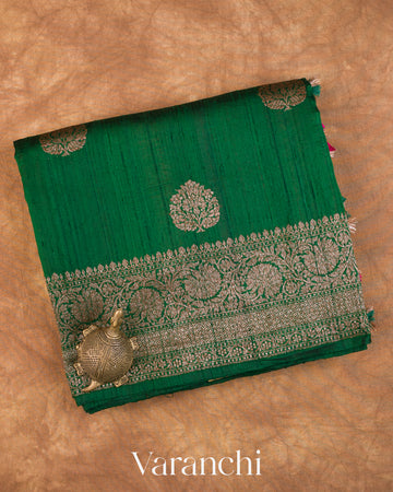 Bottle Green Pure Raw Silk Handloom Saree — Folded