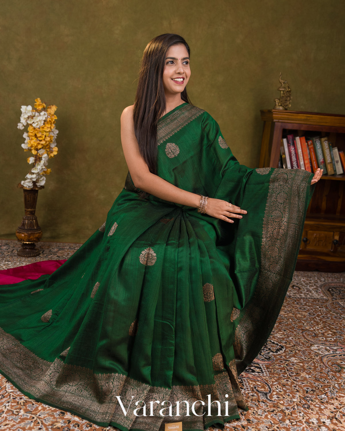 Dark Green with Rani Pink Pure Raw Silk Handloom Saree — Draped