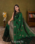 Dark Green with Rani Pink Pure Raw Silk Handloom Saree — Draped
