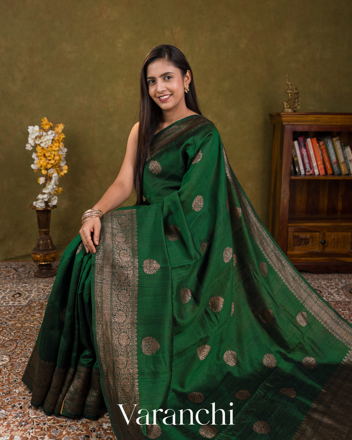 Dark Green with Rani Pink Pure Raw Silk Handloom Saree — Draped