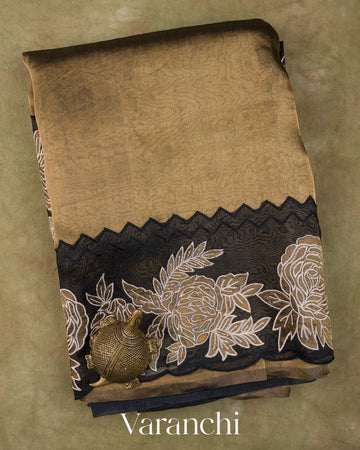 Black and Gold Floral Applique Pure Tissue Kora Silk Saree — Folded