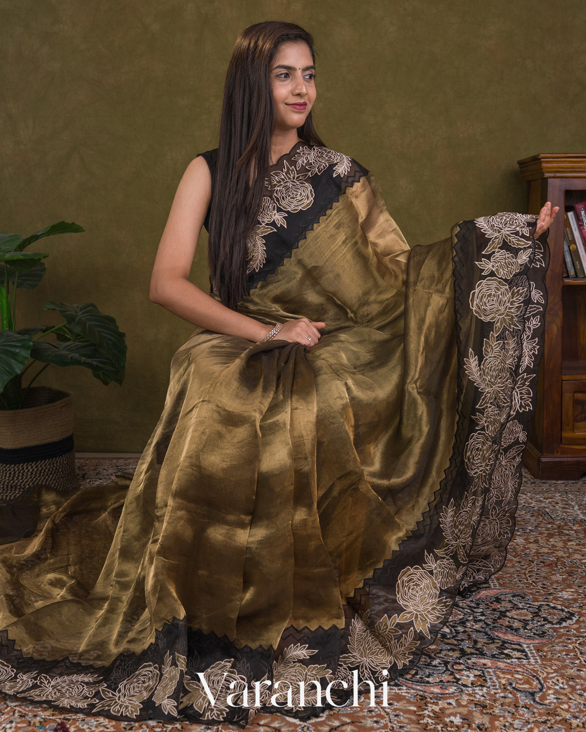 Black and Gold Floral Applique Pure Tissue Kora Silk Saree — Draped