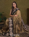 Black and Gold Floral Applique Pure Tissue Kora Silk Saree — Draped