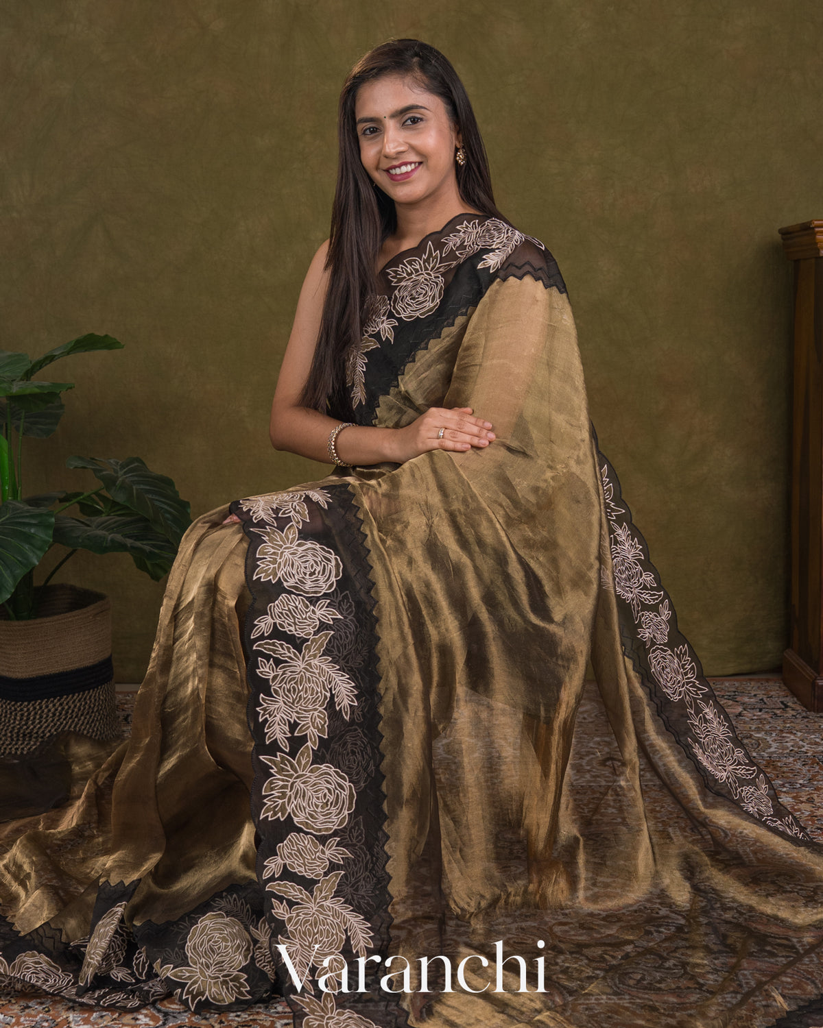 Black and Gold Floral Applique Pure Tissue Kora Silk Saree — Draped