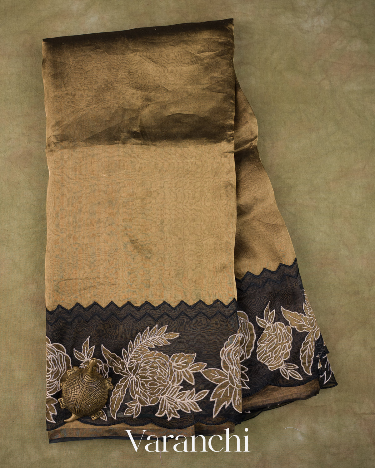 Black and Gold Floral Applique Pure Tissue Kora Silk Saree — Full Saree