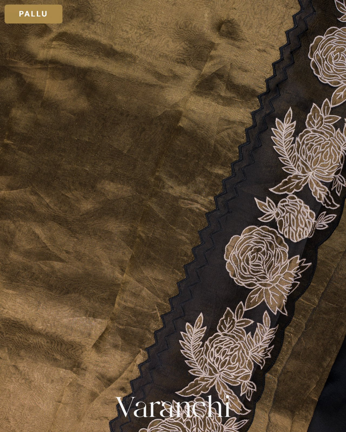 Black and Gold Floral Applique Pure Tissue Kora Silk Saree — Pallu