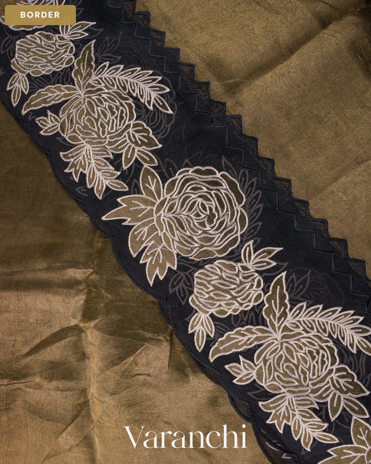 Black and Gold Floral Applique Pure Tissue Kora Silk Saree — Border
