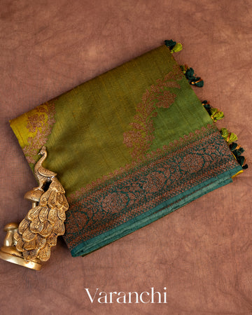 Olive Green Tricolour Rangkaat Pure Raw Silk Handloom Saree