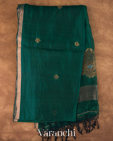 Royal Green Jamdani Pure Mulberry Silk Handloom Saree 