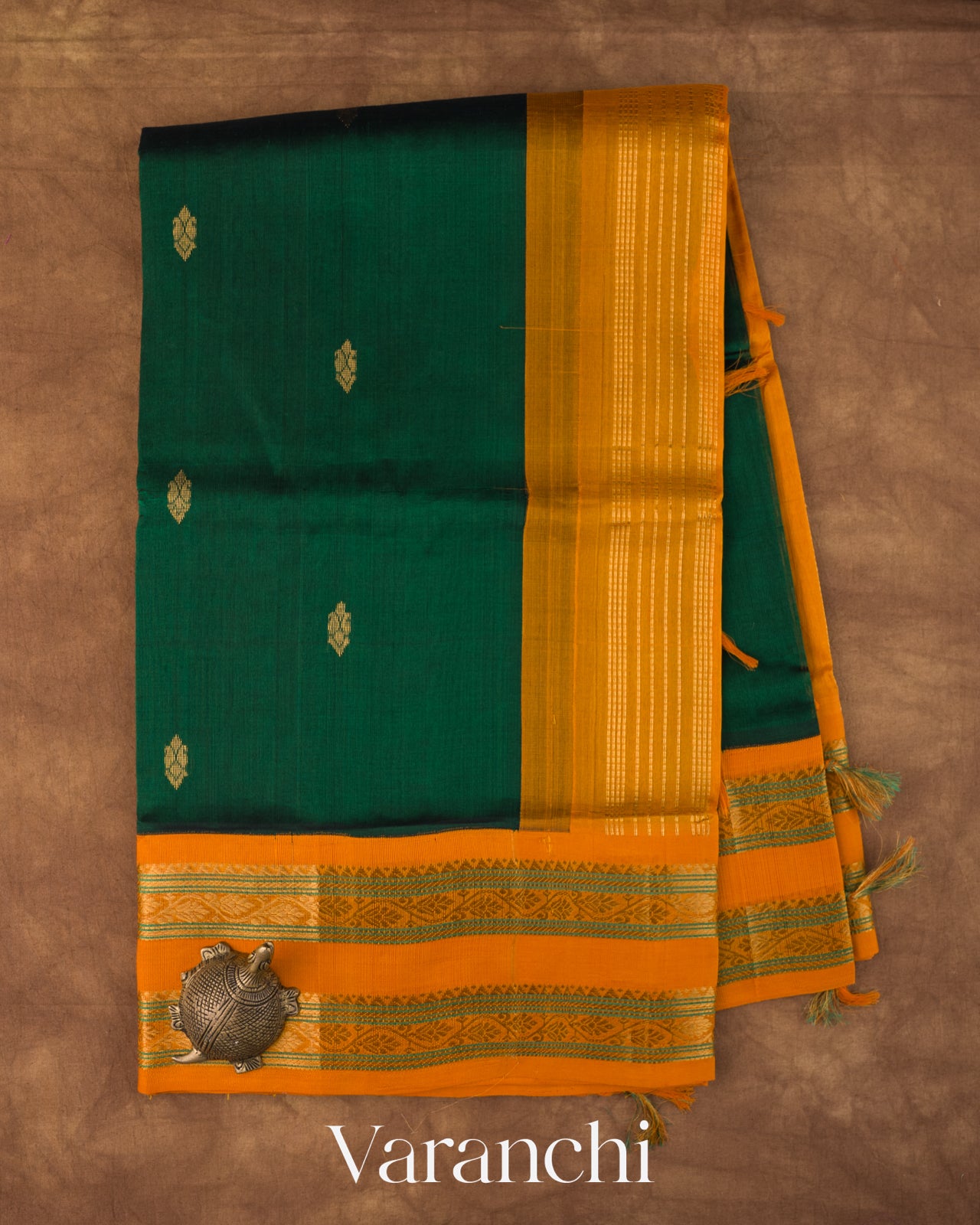 Bottle Green Korvai Pure Kanchipuram Silk Cotton Handloom Saree 