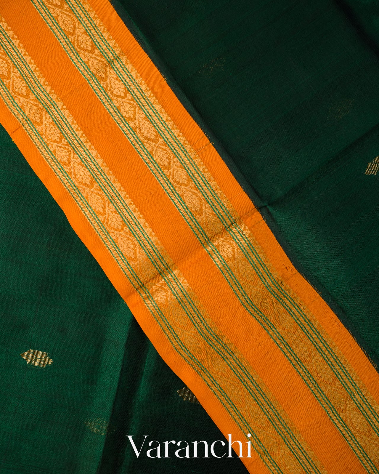 Bottle Green Korvai Pure Kanchipuram Silk Cotton Handloom Saree 