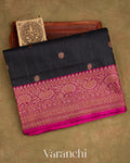 Deep Black Pure Dupion Silk Handloom Saree