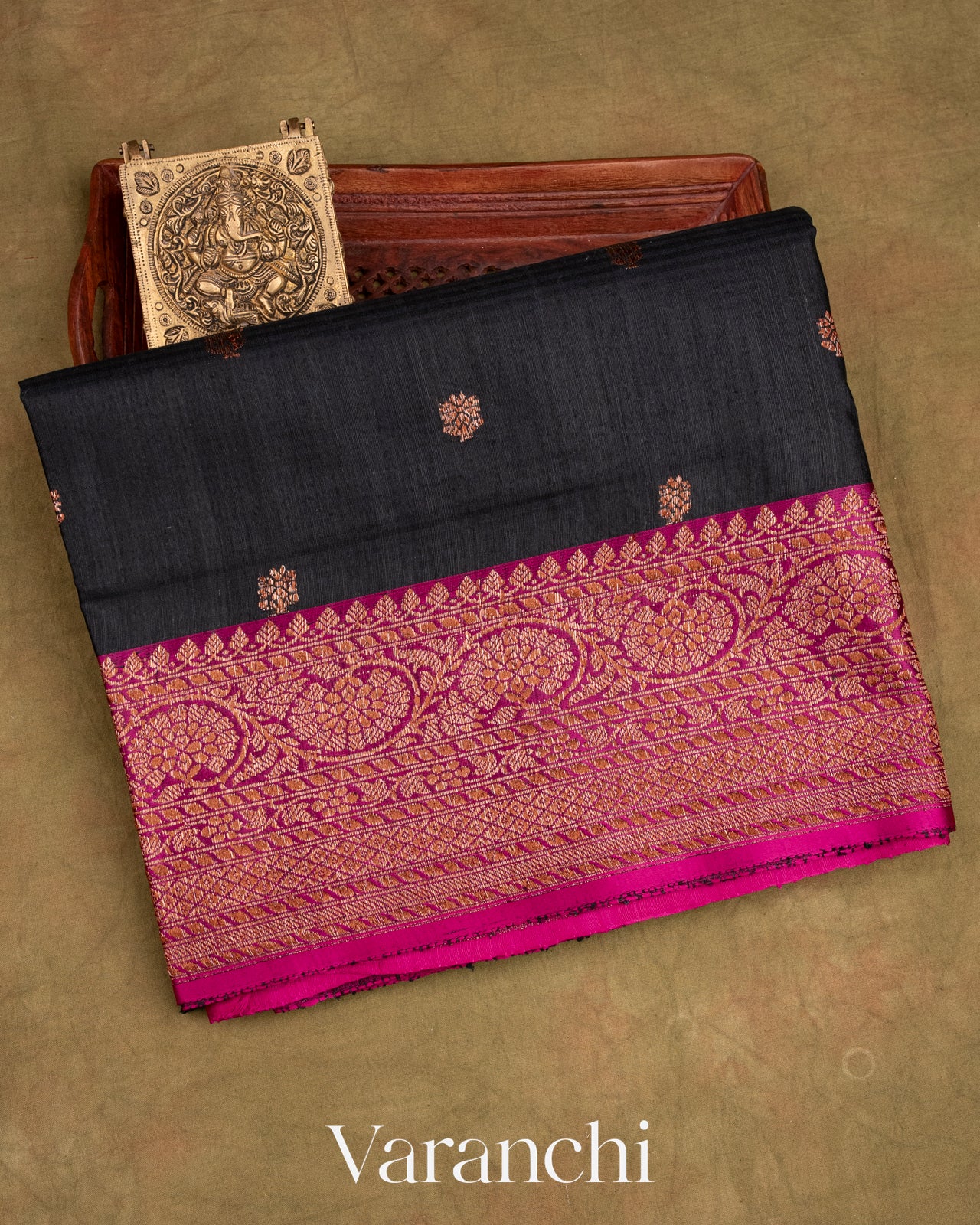 Deep Black Pure Dupion Silk Handloom Saree