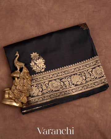 Jet Black Pure Katan Silk Handloom Saree