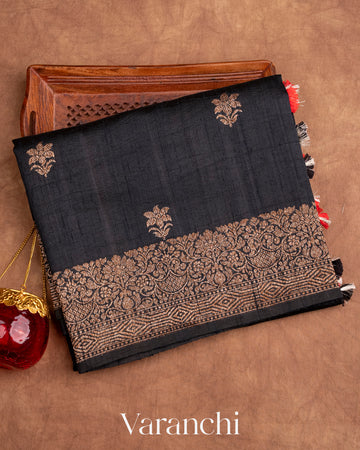 Jet Black Pure Raw Silk Handloom Saree