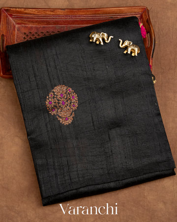 Black Borderless Pure Raw Silk Handloom Saree