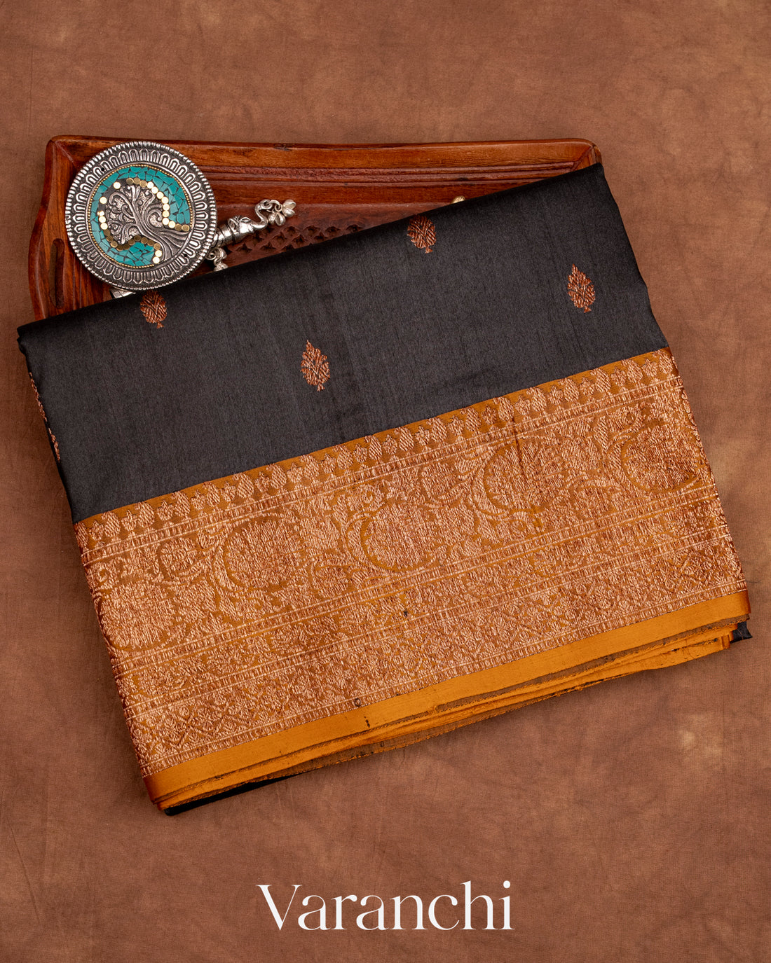 Jet Black Pure Tussar Silk Handlooom Saree