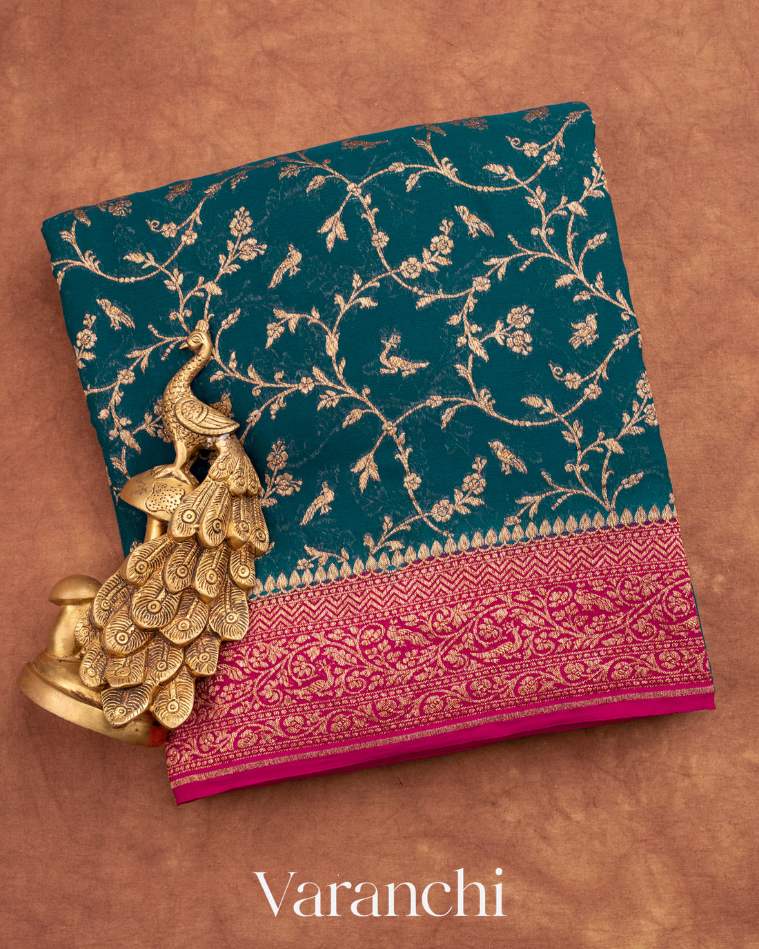 Peacock Blue Jaal Pure Georgette Silk Saree