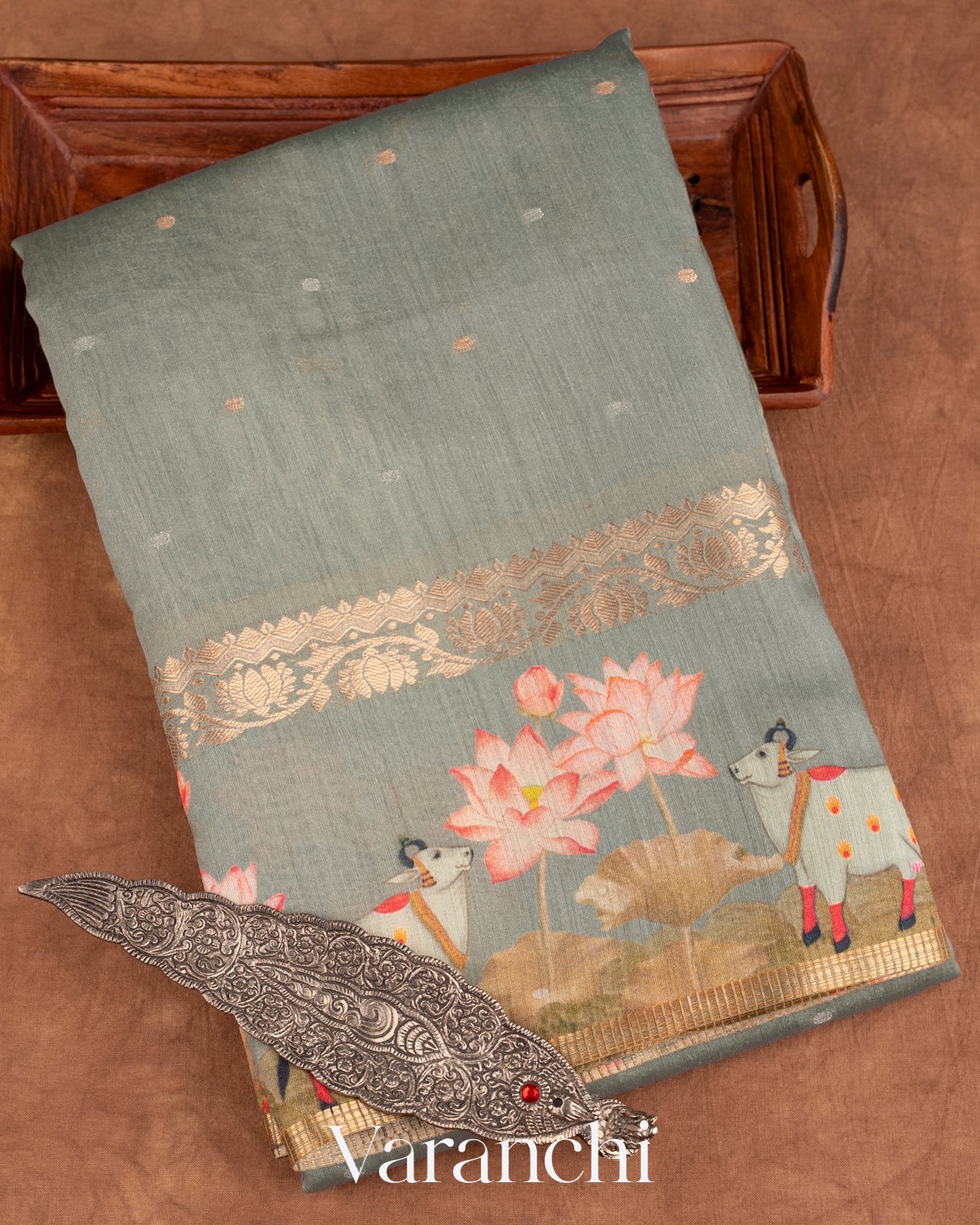 Sage Grey Pure Pichwai Printed Moonga Silk Saree