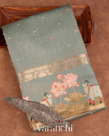 Sage Grey Pure Pichwai Printed Moonga Silk Saree