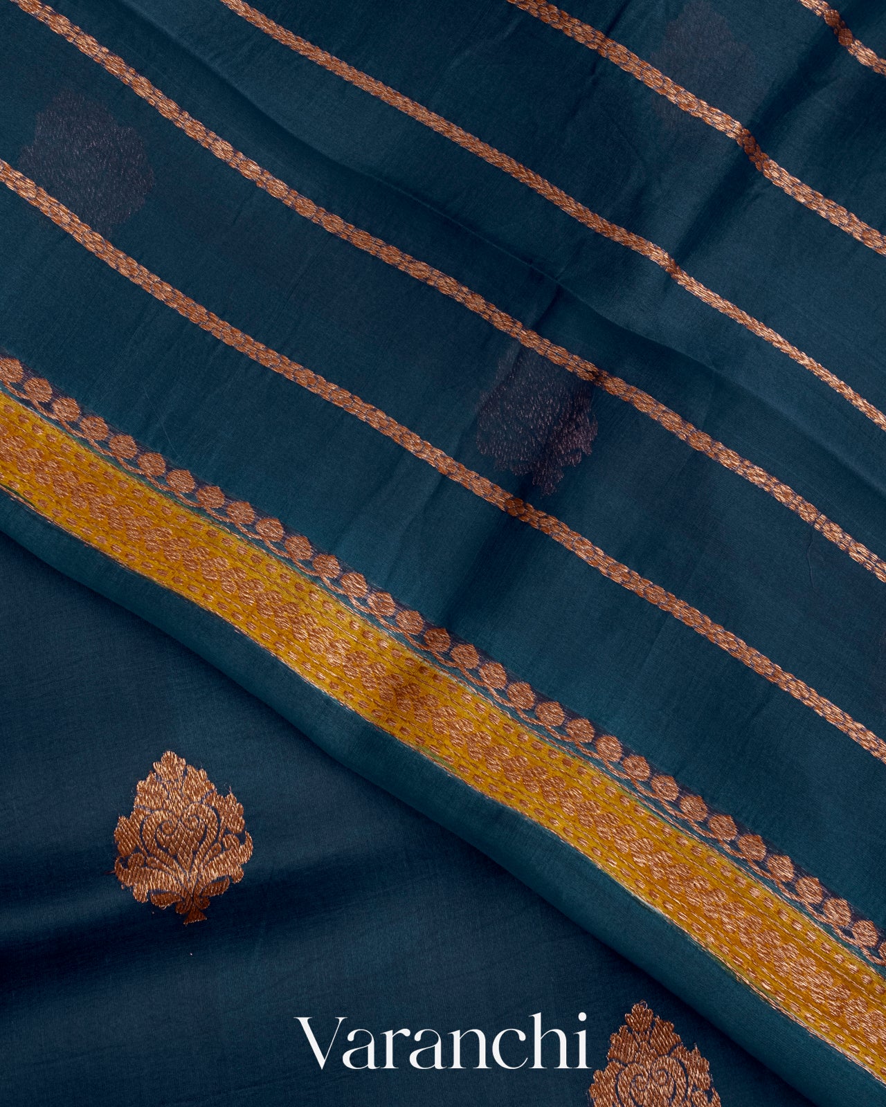 Prussian Blue Pure Kora Silk Handloom Saree