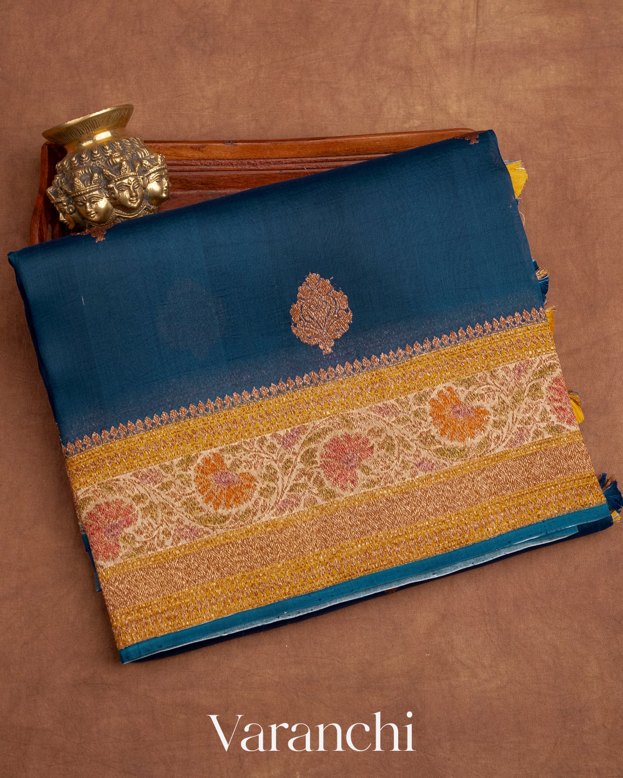 Prussian Blue Pure Kora Silk Handloom Saree