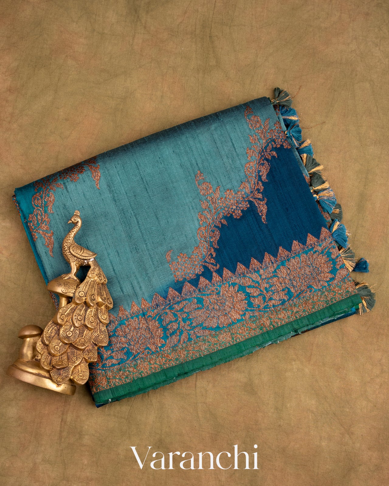 Blue Tricolour Rangkaat Pure Raw Silk Handloom Saree