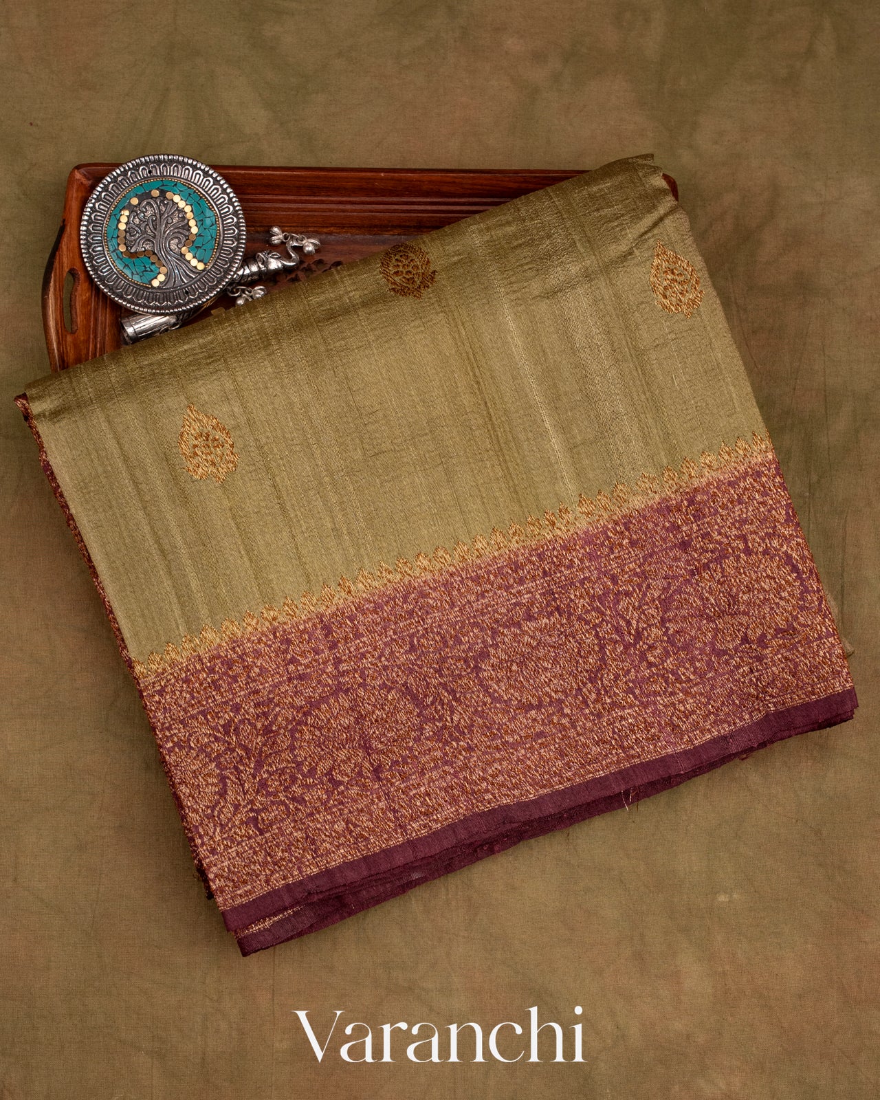 Antique Olive Green Pure Tussar Silk Handloom Saree