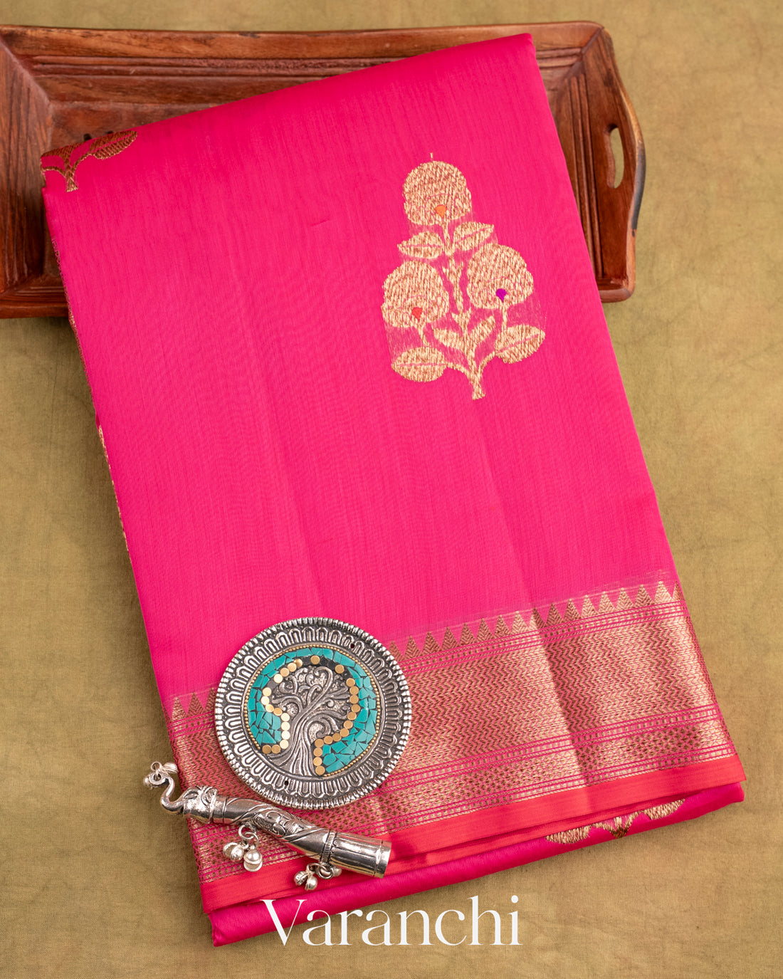 Bright Rani Pink Pure Chanderi Silk Cotton Handloom Saree