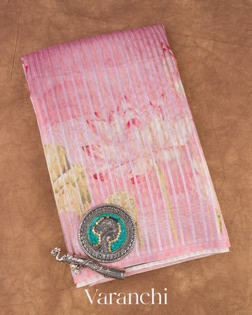 Lotus Pink Tissue Stripped Pure Chanderi Silk Cotton Saree 