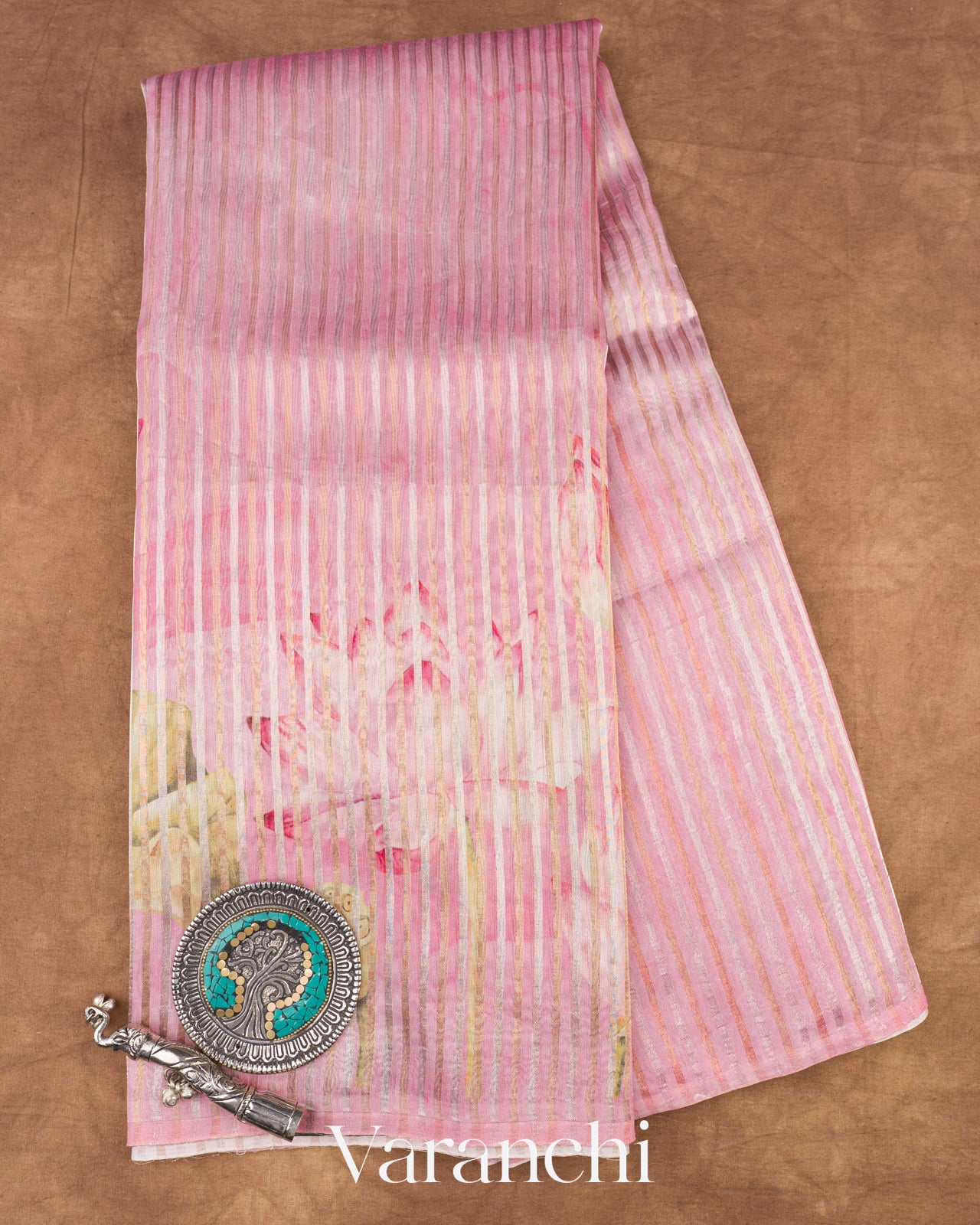 Lotus Pink Tissue Stripped Pure Chanderi Silk Cotton Saree 