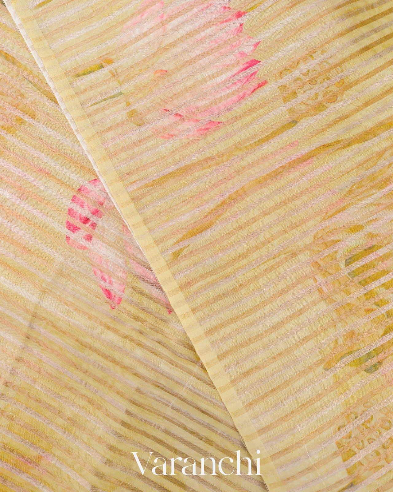 Light Cream Yellow Tissue Stripped Pure Chanderi Silk Cotton Saree 